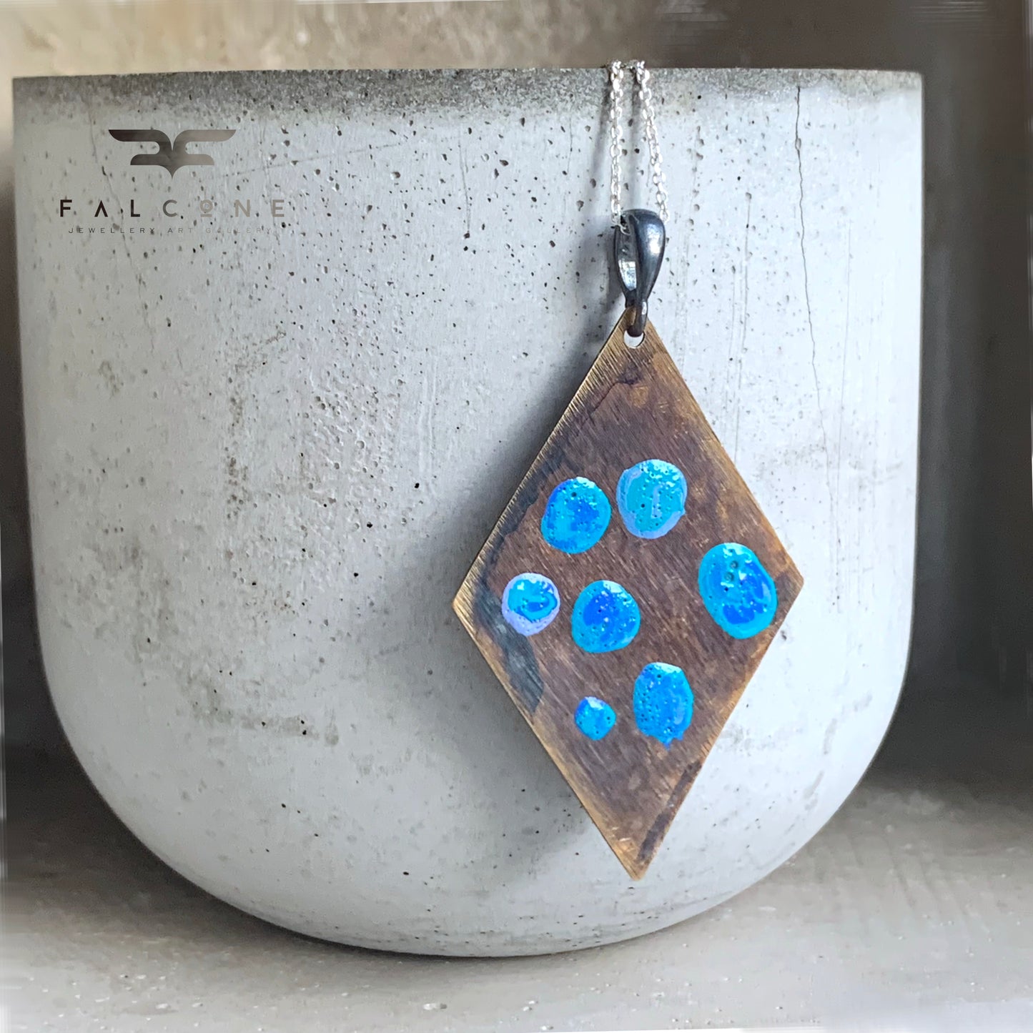 Brass and Silver Geometric Necklace 'Blue Dots'