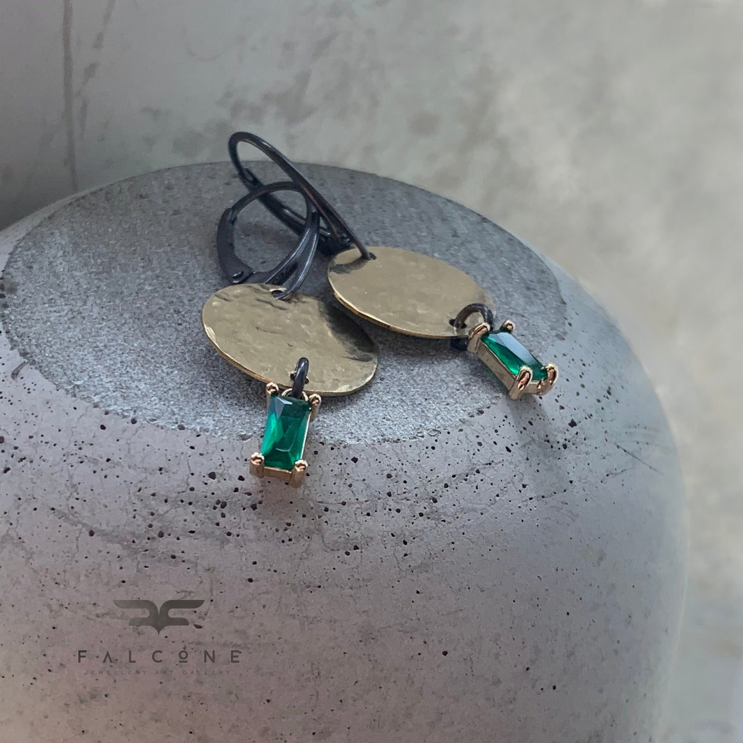 Earrings made of silver, brass and glass 'Emerald Green'