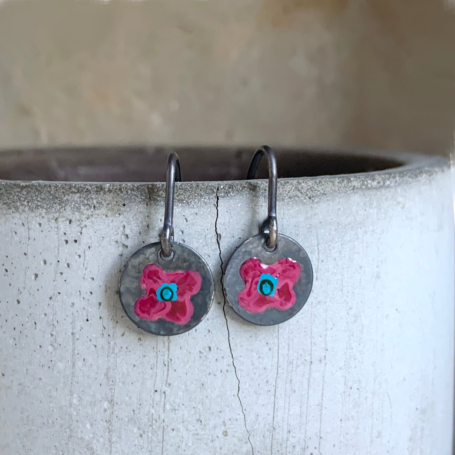 Enameled silver earrings 'Field Flowers - Burgundy & Turquoise'