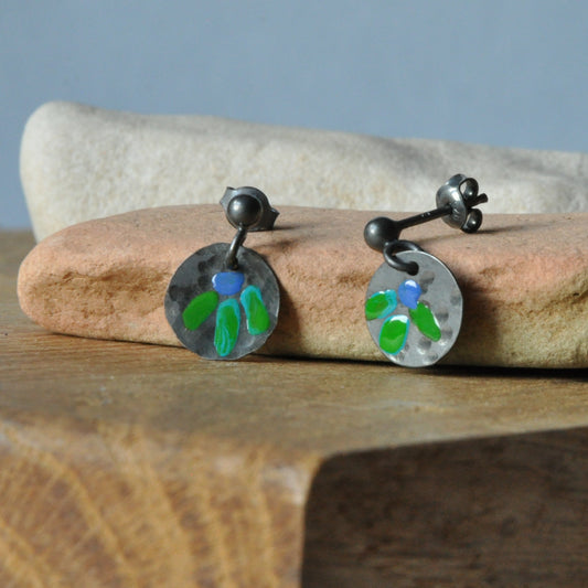 Silver and enamel stud earrings "Folk Flower Mini - Blue & Green"