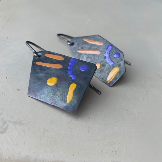 Enameled copper and silver earrings 'Fish in Purple, Ochre and Bronze'