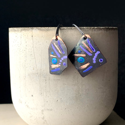 Copper earrings of irregular shape, enameled and engraved 'Fish with Turquoise and Violet'