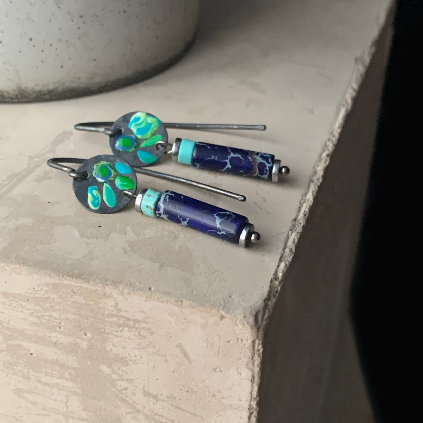 Silver mini earrings with imperial jasper, howlite & enameled flowers 'Field Flowers Blue with Navy Blue Jasper'