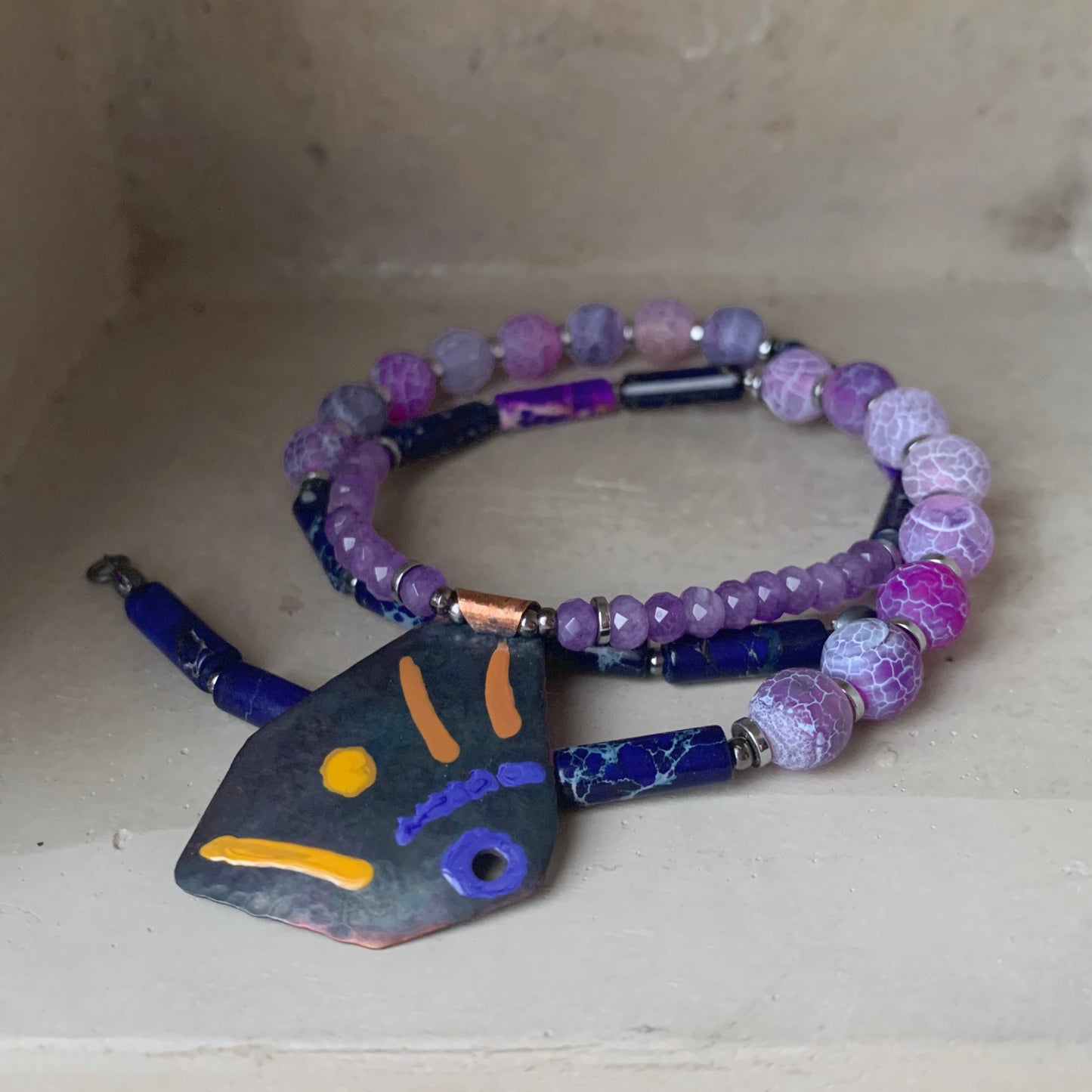 Jewellery set of gemstone necklace and copper earrings 'Life on Reef - Purple and Ochre'