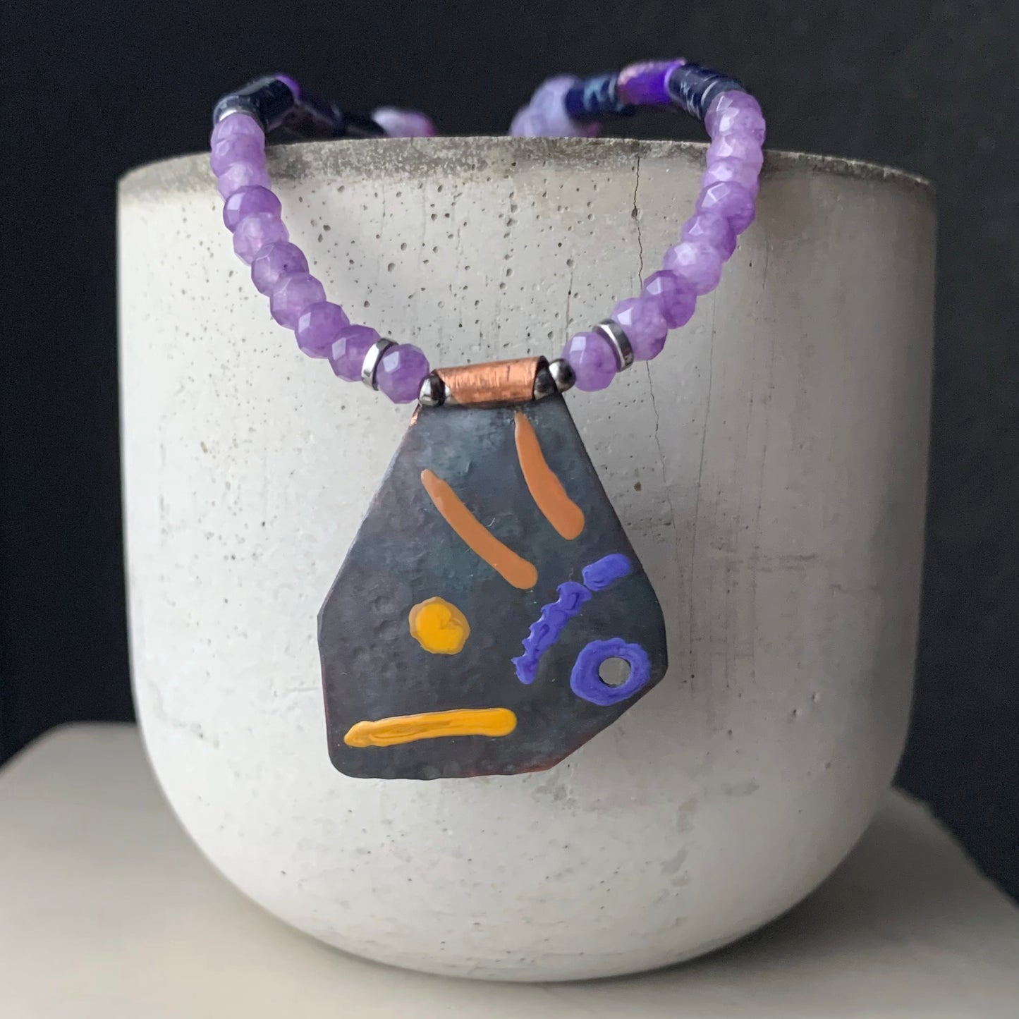 Necklace with gemstones and copper pendant 'Life on the Reef - Purple, Garnet and Ochre'