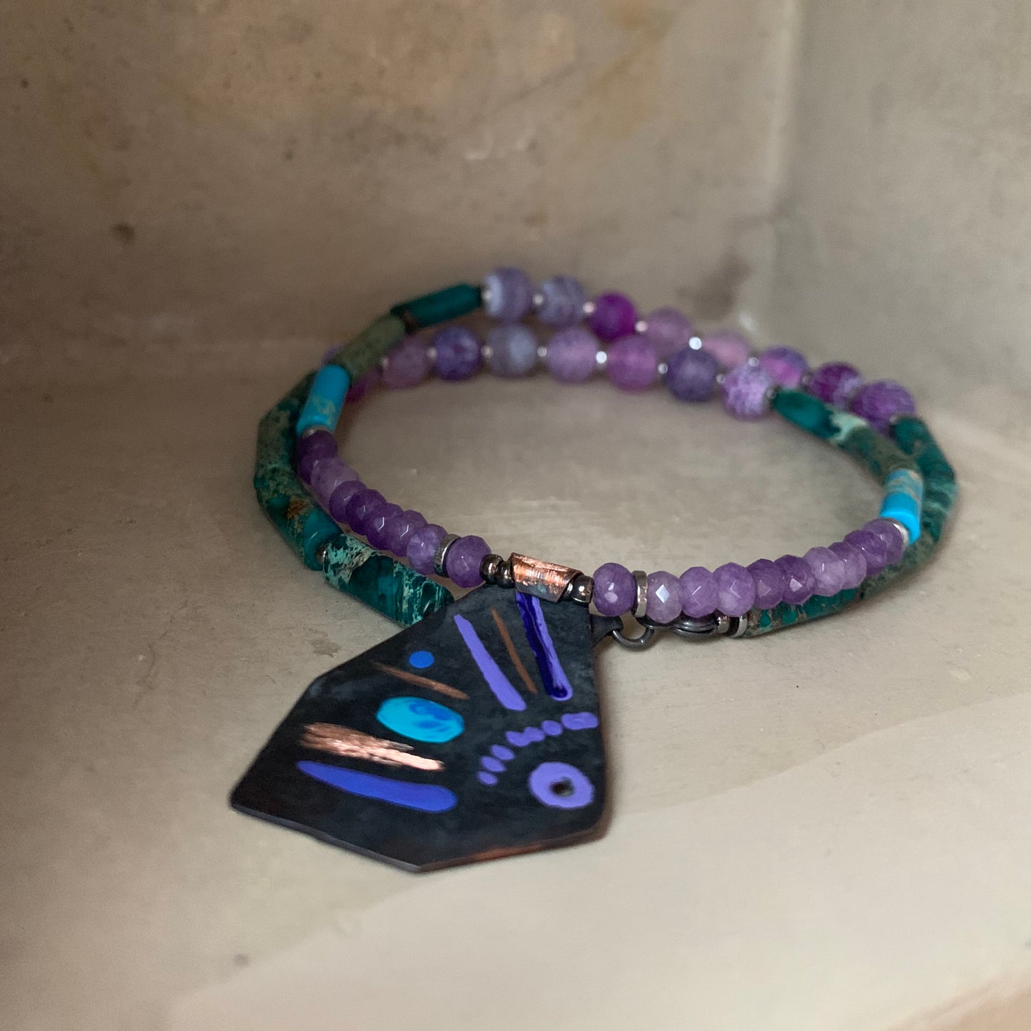 Necklace with dragon agate, imperial jasper, jade and copper pendant 'Life on the Reef - Turquoise and Purple'