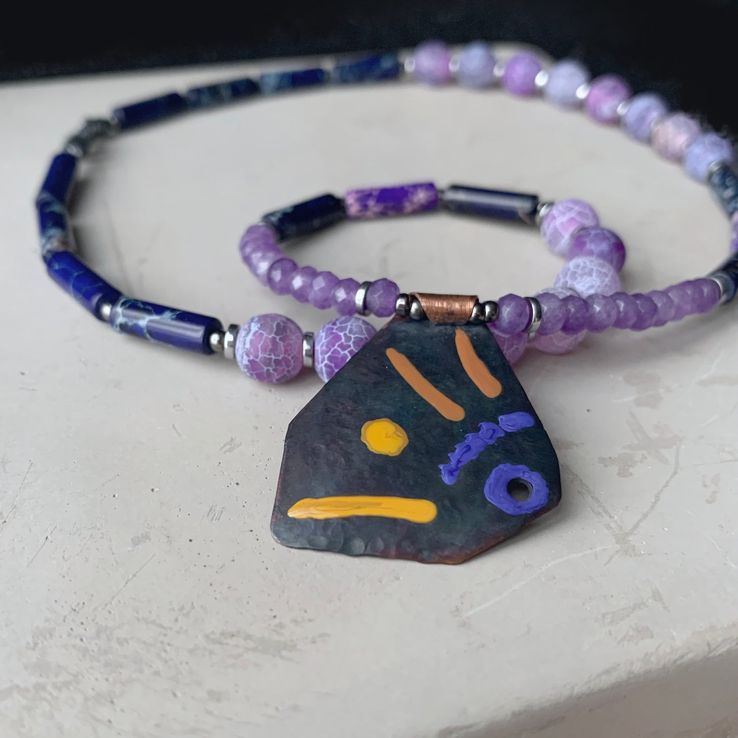 Necklace with gemstones and copper pendant 'Life on the Reef - Purple, Garnet and Ochre'