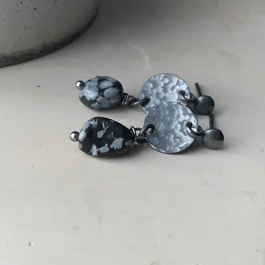 Silver stud earrings with obsidian nuggets 'Dalmatian in Negative'