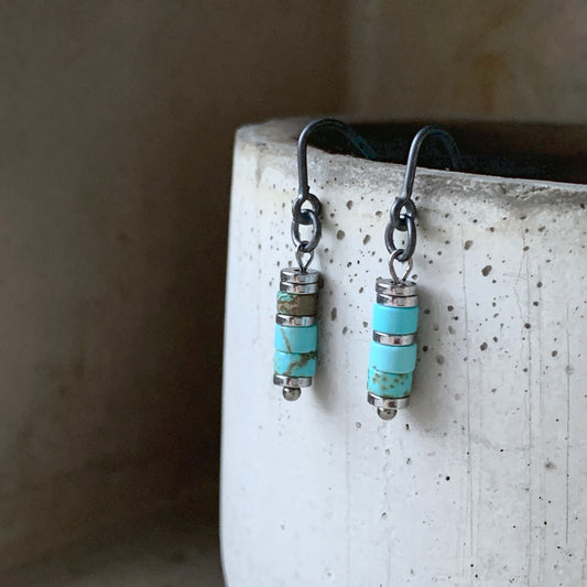Silver hook earrings with hematite turquoise 'Sliver of Heaven'