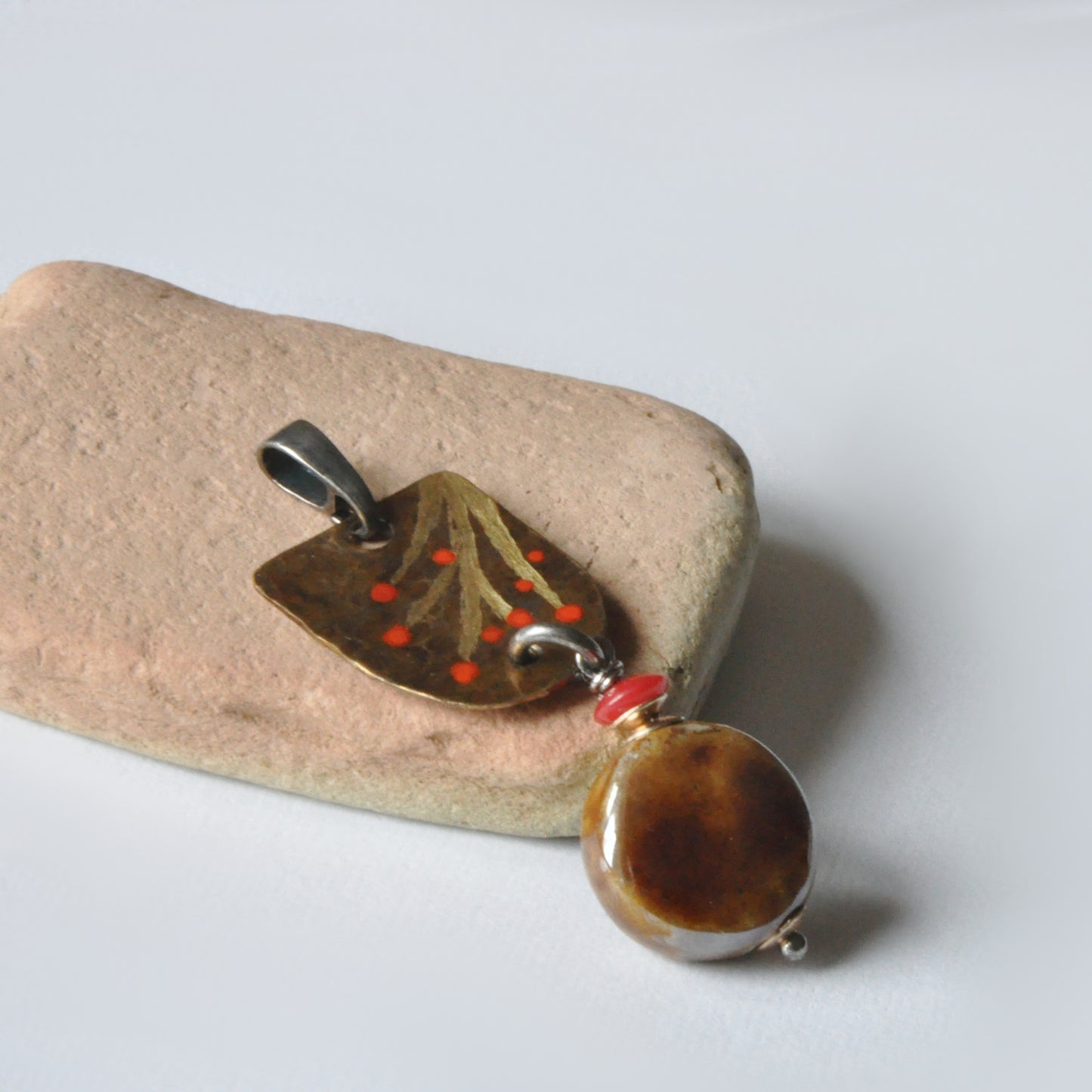 Enameled and engraved pendant made of silver and brass 'Autumn Rowans'