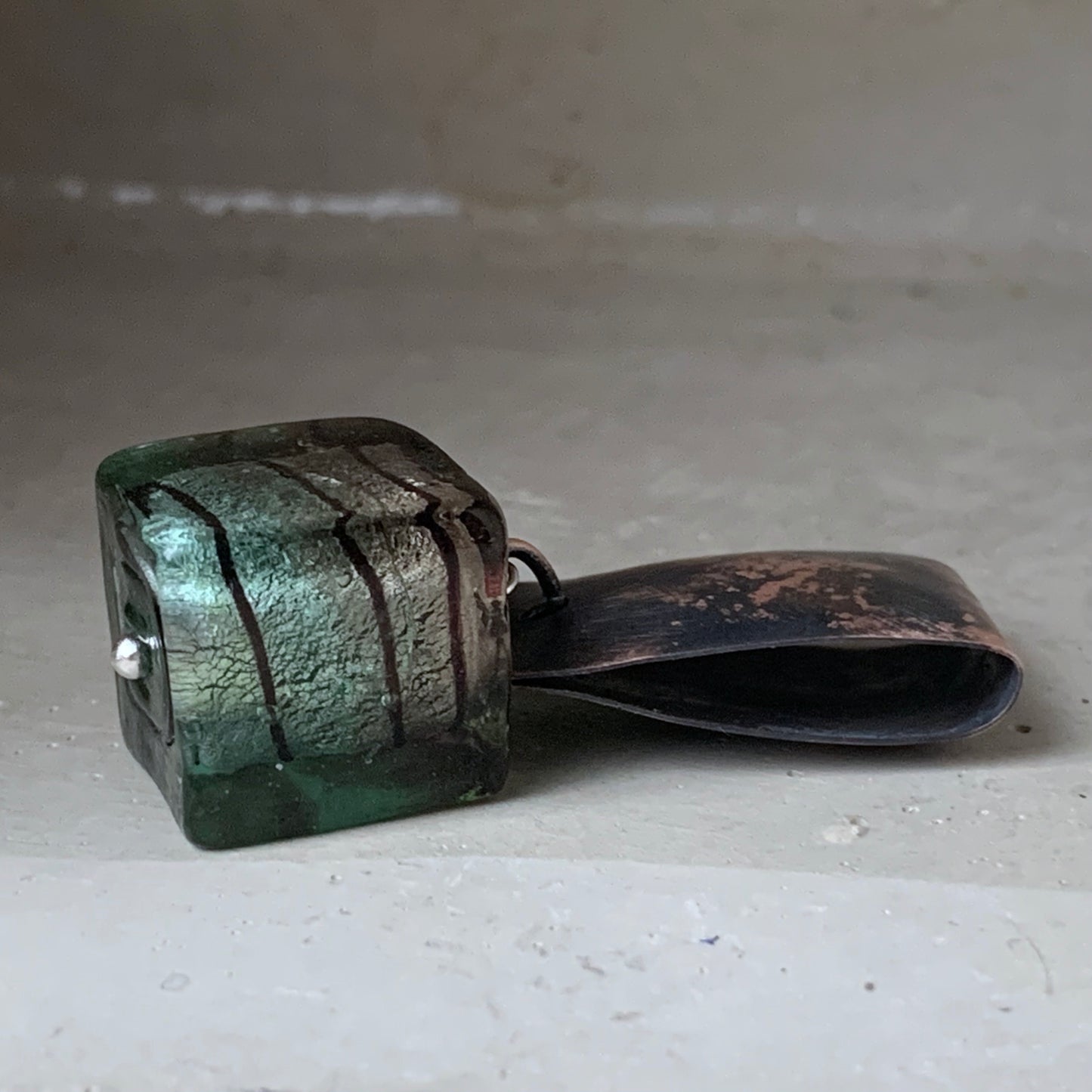 Venetian glass pendant framed in silver and copper 'Cube'