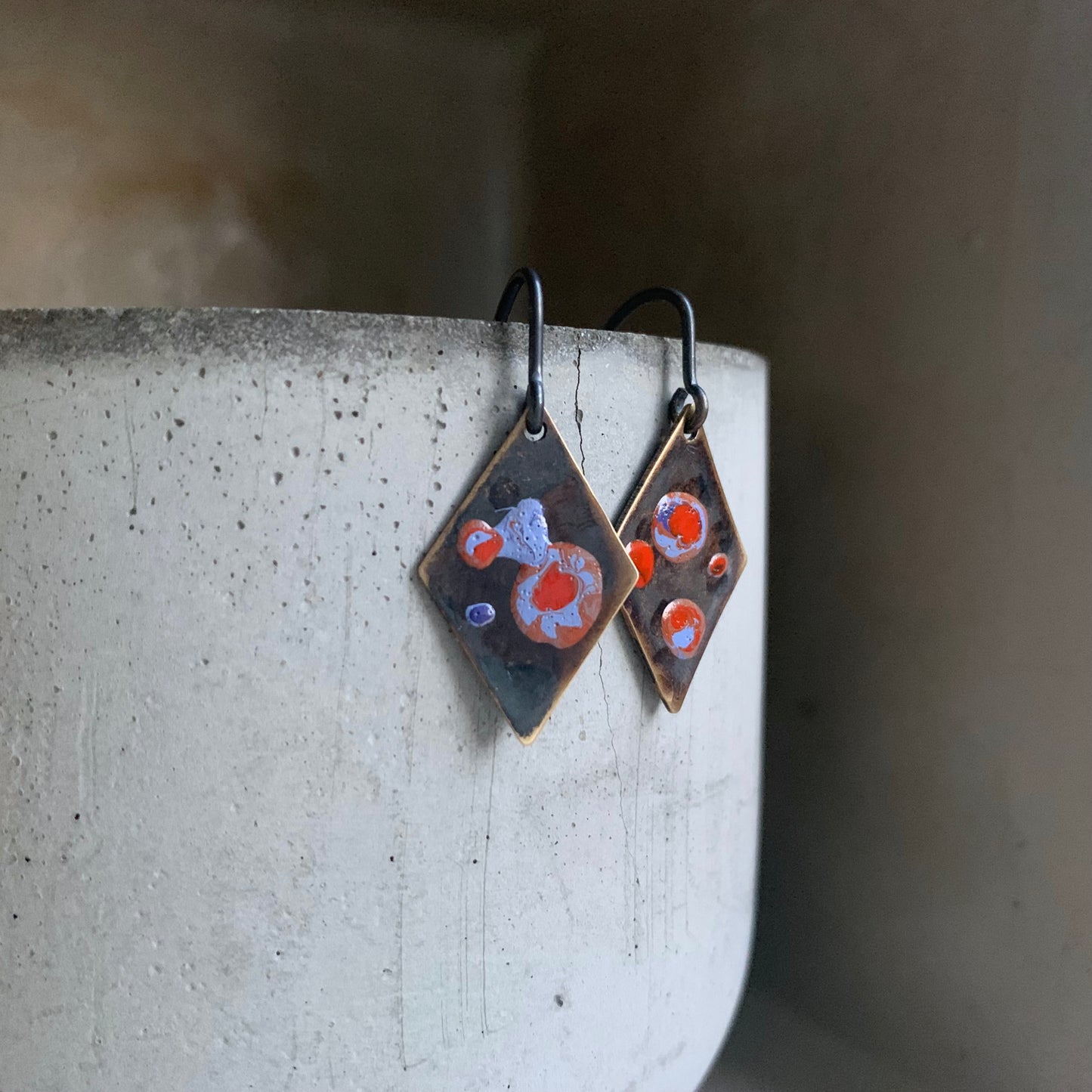 Enameled earrings in brass and silver 'Sea Creature with Coral Accent'