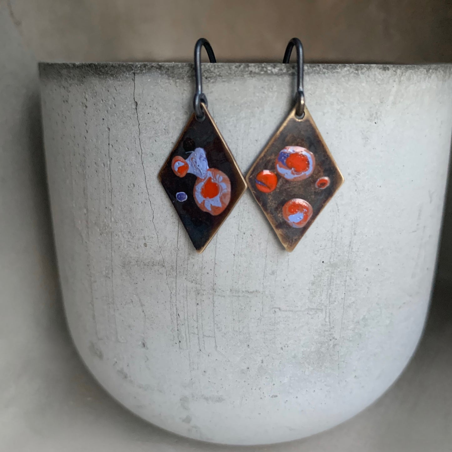 Enameled earrings in brass and silver 'Sea Creature with Coral Accent'