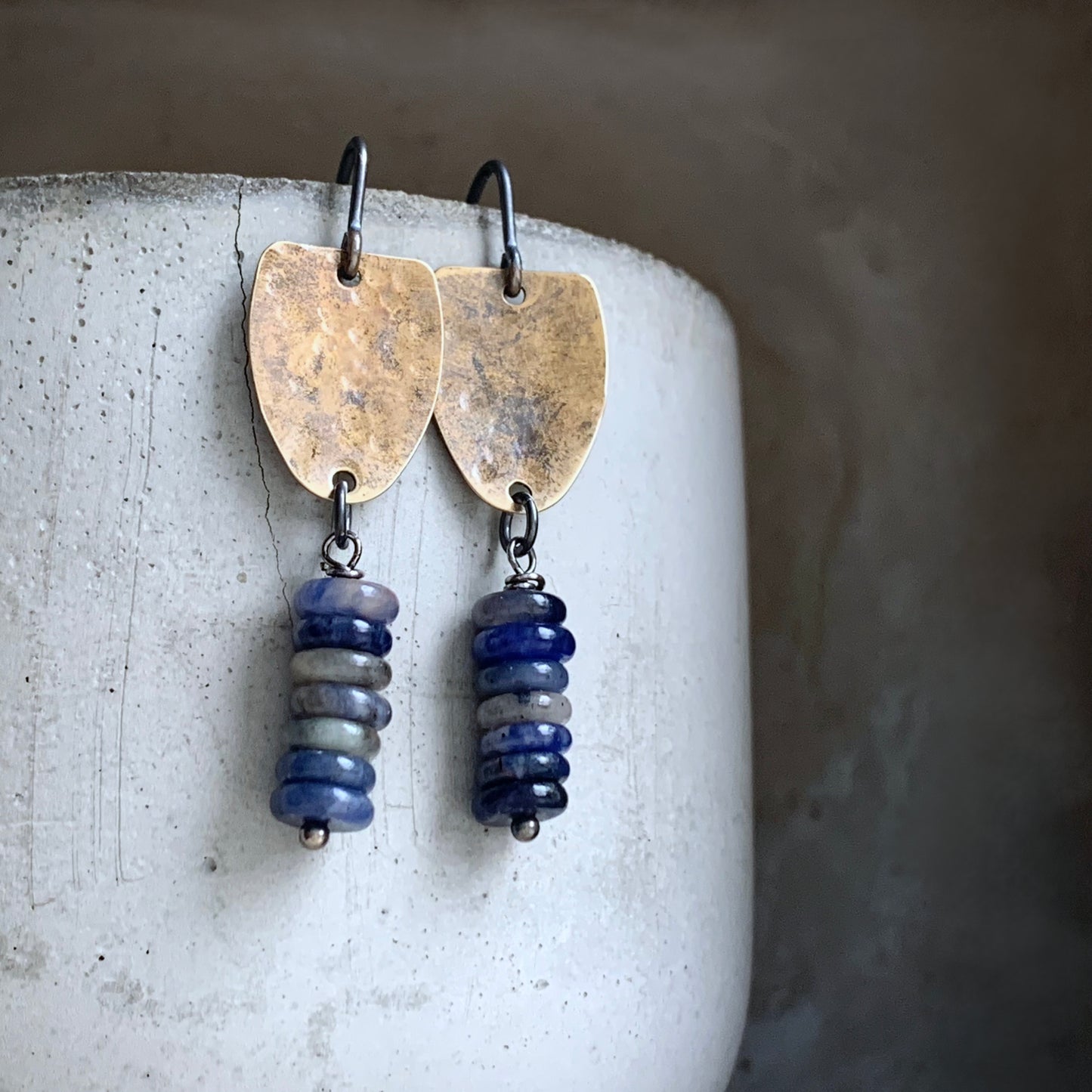 Earrings in brass, silver & natural stone 'With Sodalite Bands'