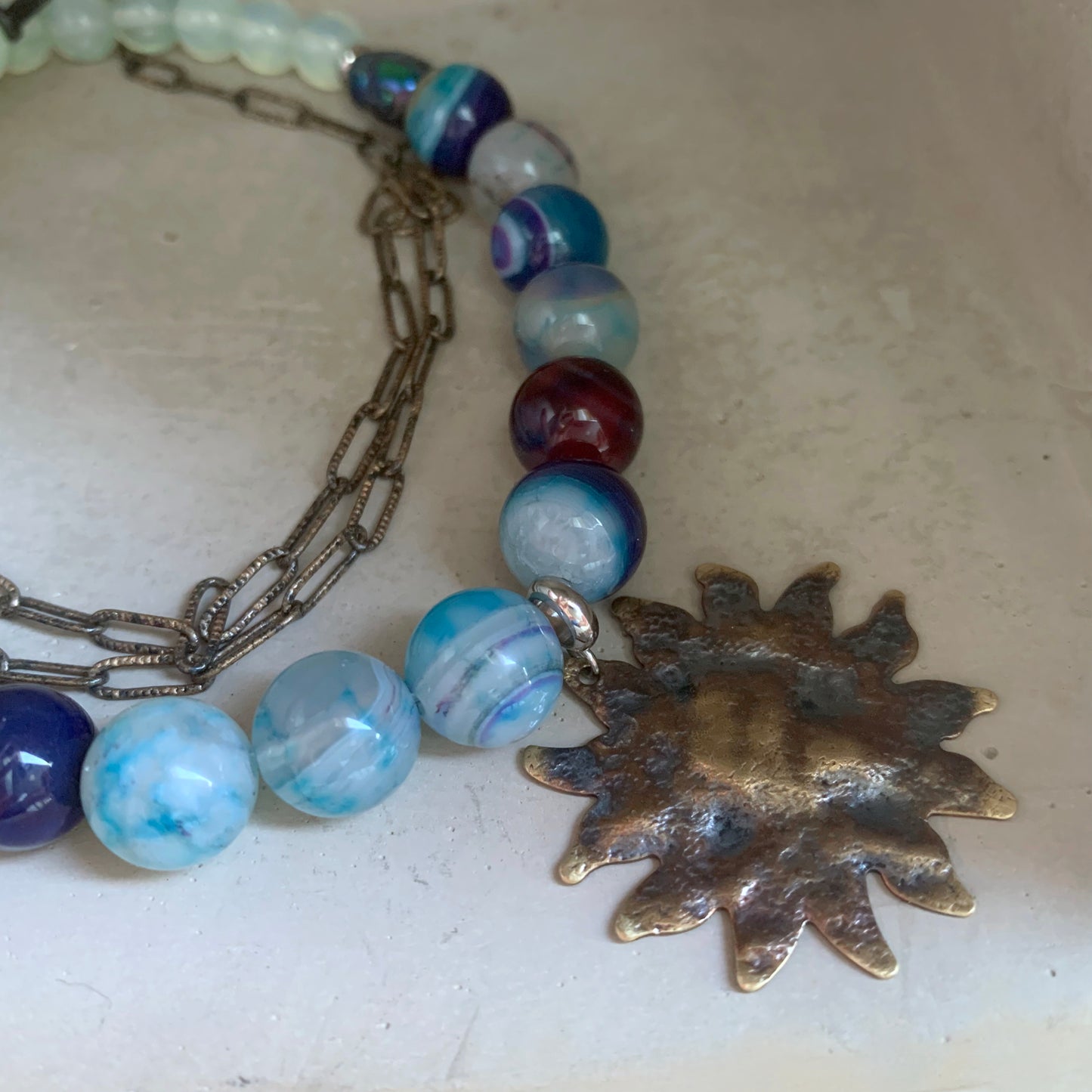 Brass & silver necklace with agates, hematites and opalites 'Sun Zen'
