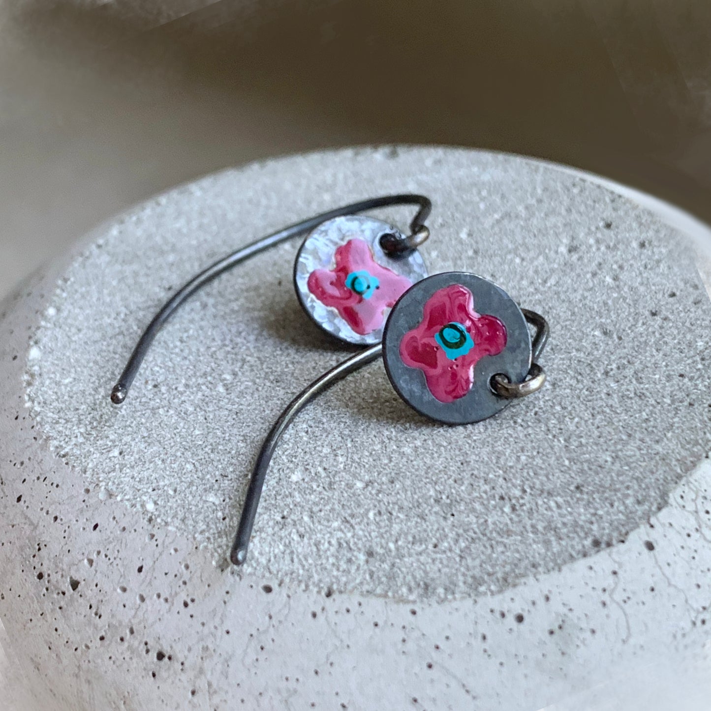 Enameled silver earrings 'Field Flowers - Burgundy & Turquoise'