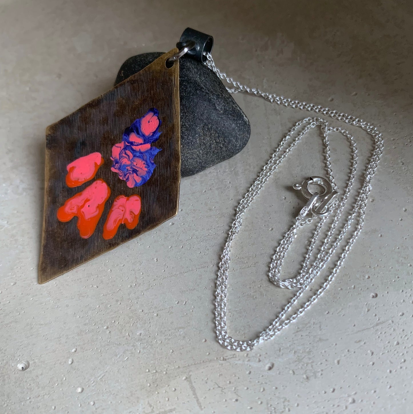 Necklace made of patinated brass and silver 'Flowers - Violet and Orange with Pink'