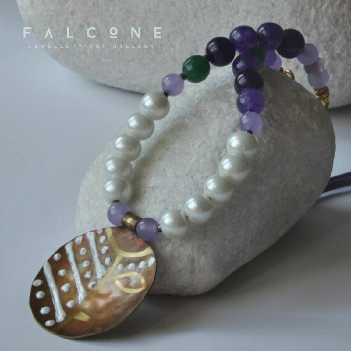 Necklace with engraved and enameled brass pendant, glass pearls and natural stones 'Africana in Purple'