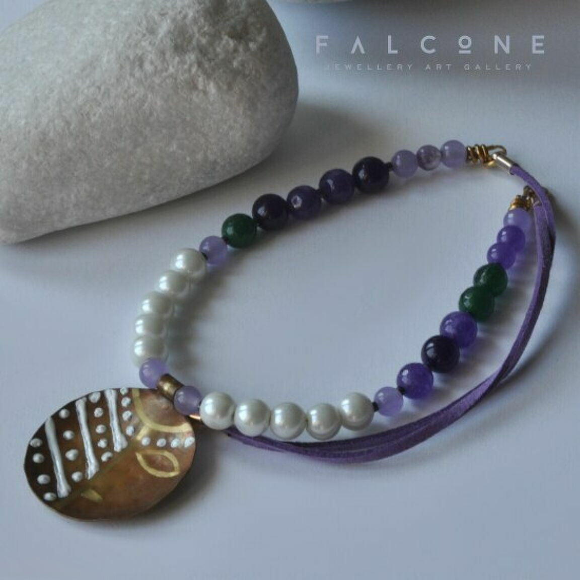 Necklace with engraved and enameled brass pendant, glass pearls and natural stones 'Africana in Purple'