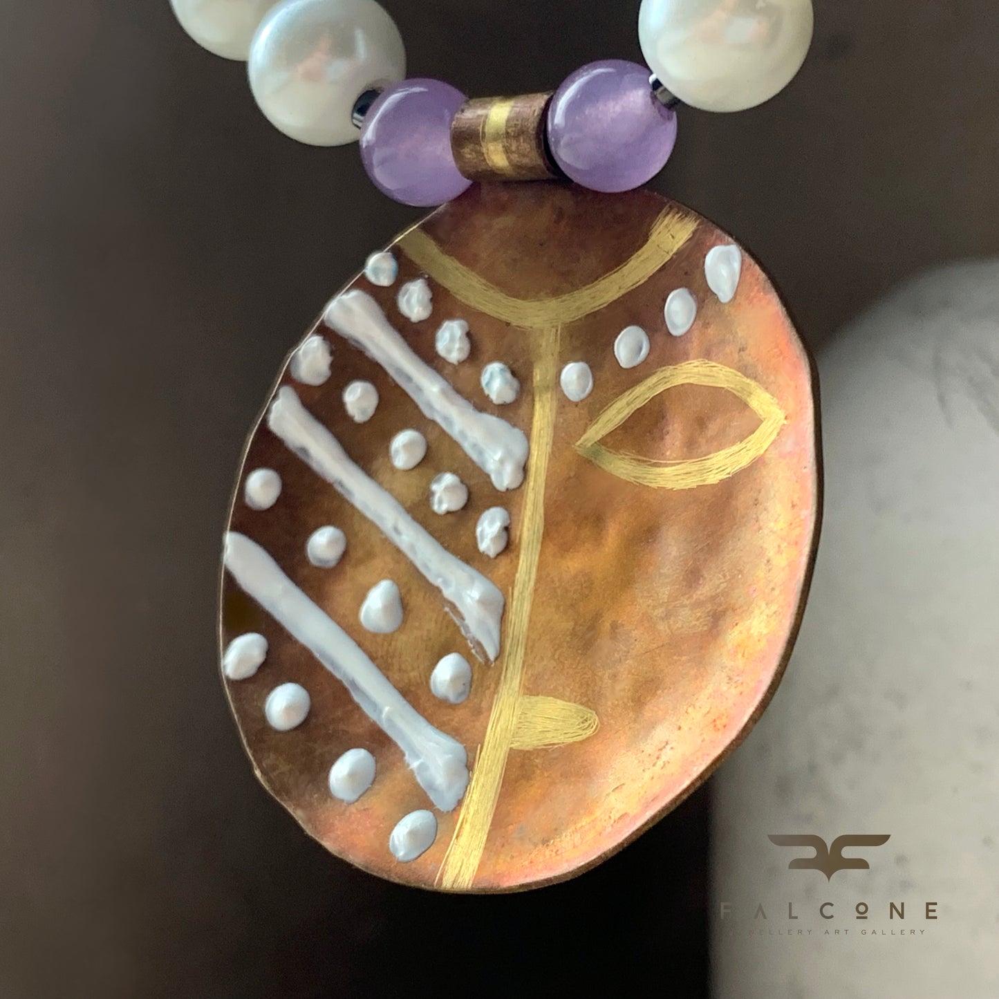 Necklace with engraved and enameled brass pendant, glass pearls and natural stones 'Africana in Purple'