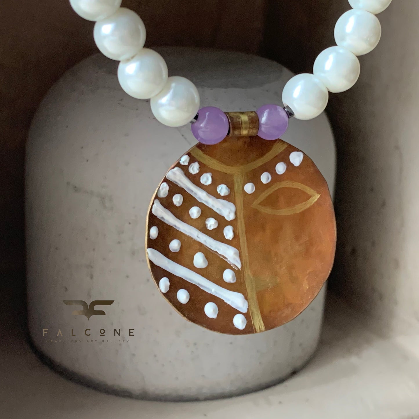 Necklace with engraved and enameled brass pendant, glass pearls and natural stones 'Africana in Purple'