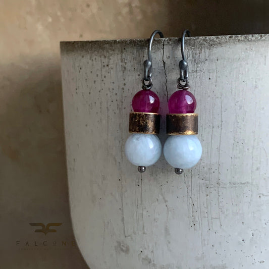 Jadeite, Agate Brass and Silver Earrings 'Baby Blue & Rose'