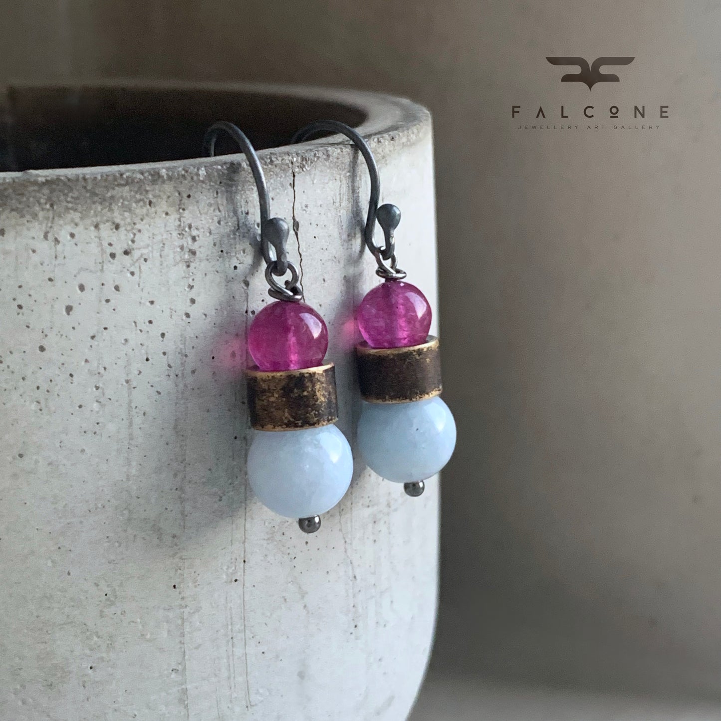 Jadeite, Agate Brass and Silver Earrings 'Baby Blue & Rose'
