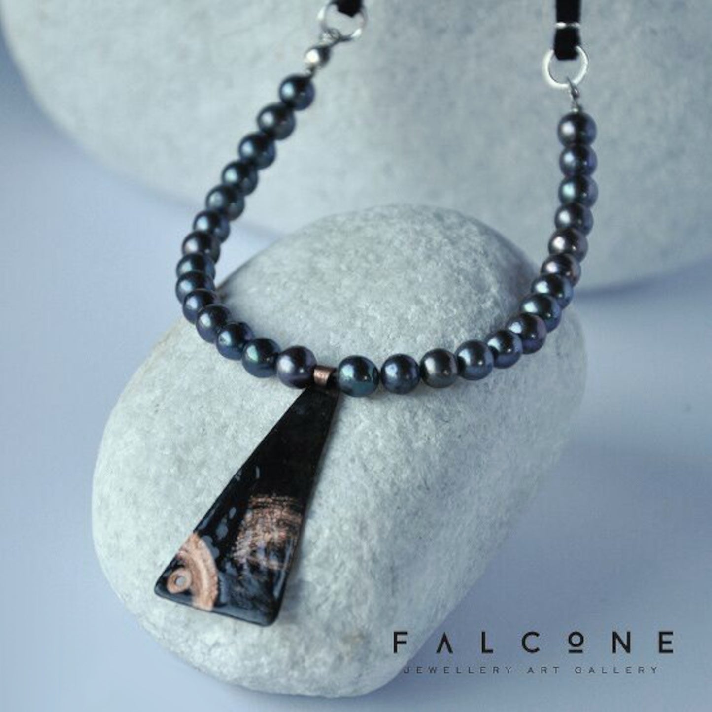 Necklace with a pendant of patinated copper and natural dark pearls 'Black Fish'