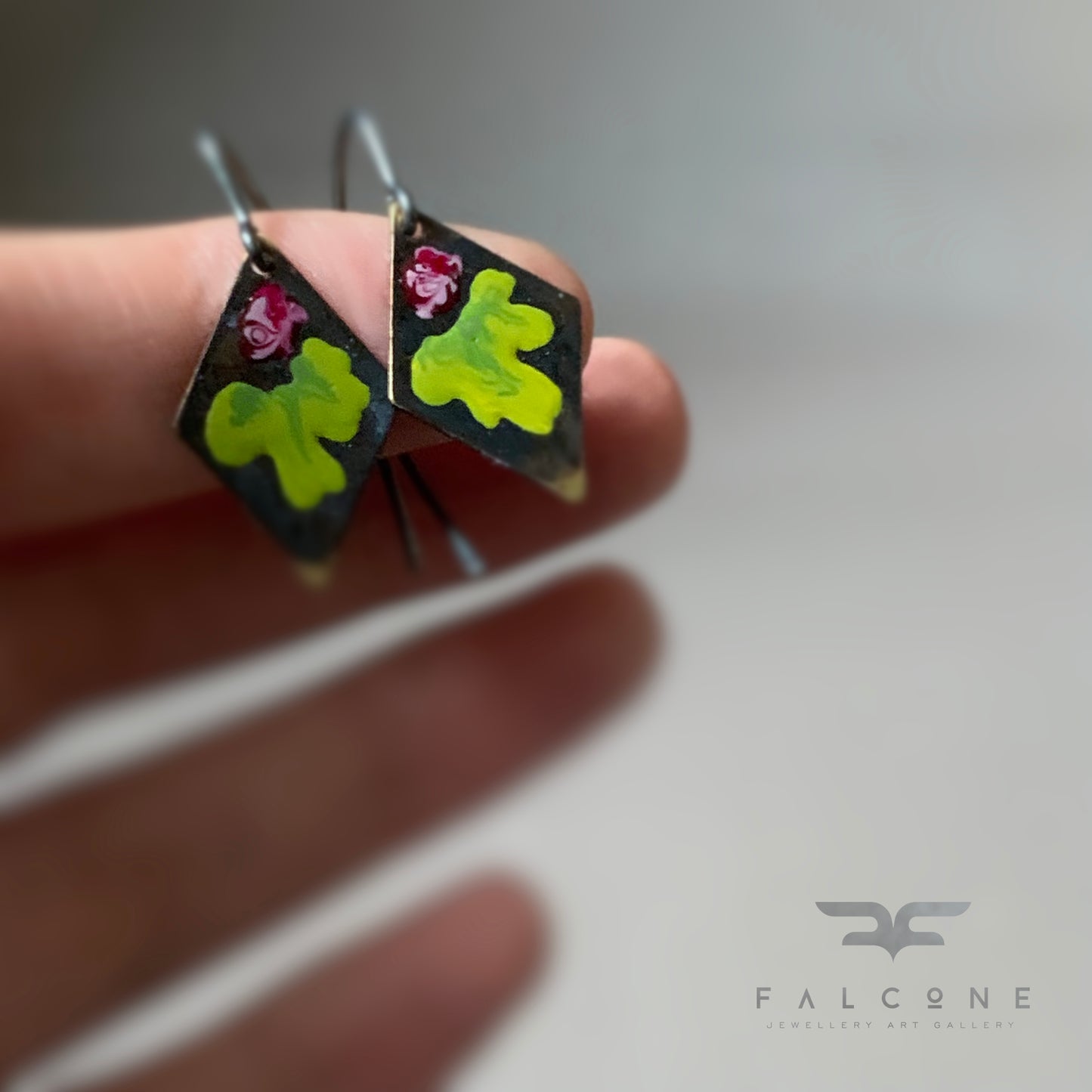 Brass and Silver Earrings 'Little Flowers – Burgundy & Green Lime'