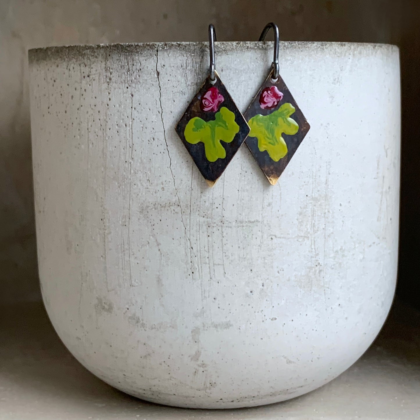 Brass and Silver Earrings 'Little Flowers – Burgundy & Green Lime'