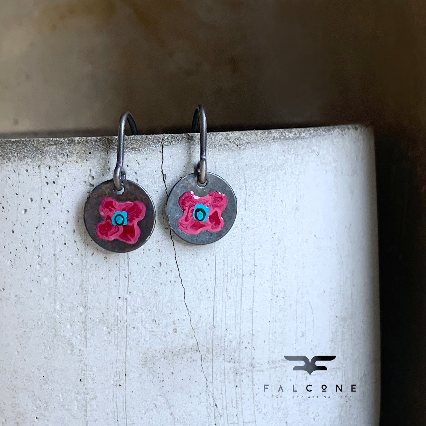 Enameled silver earrings 'Field Flowers - Burgundy & Turquoise'