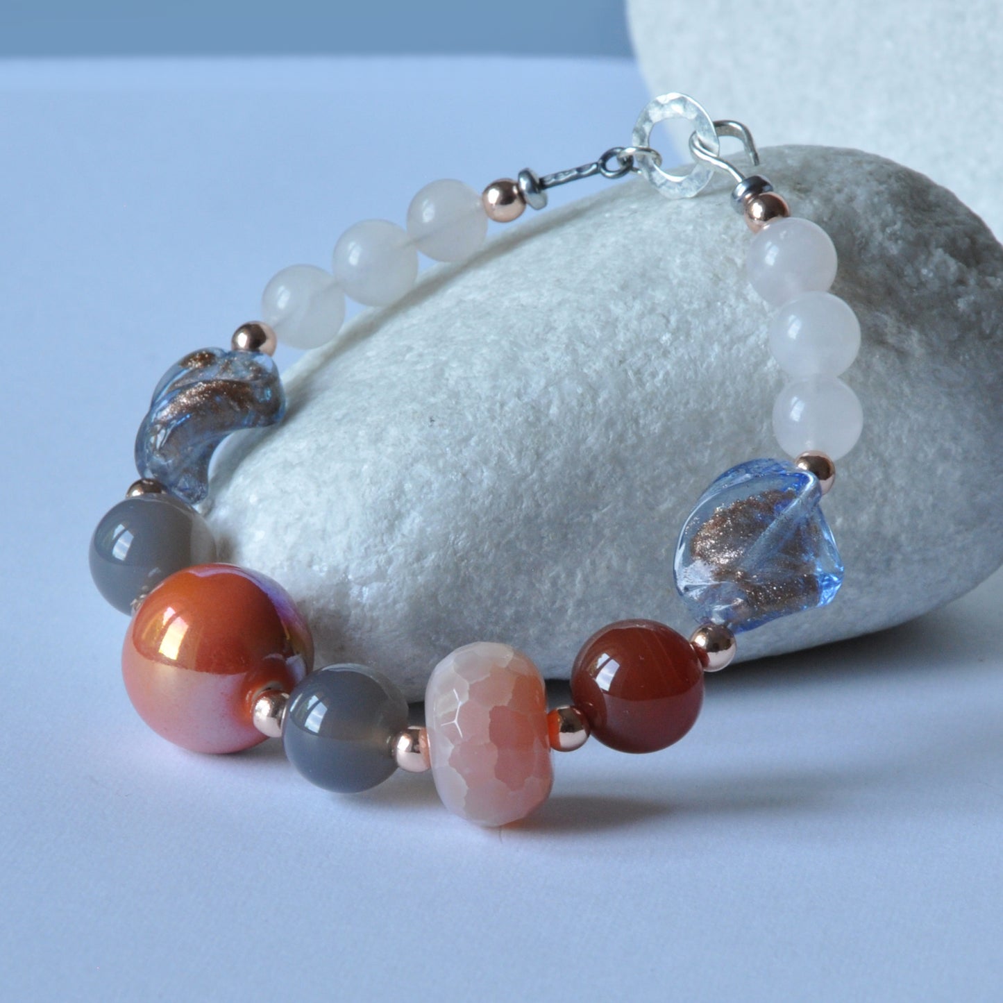 Silver Bracelet with Agate Balls, Quartz, Venetian Glass and Ceramic Ball 'Heavenly Raspberry'
