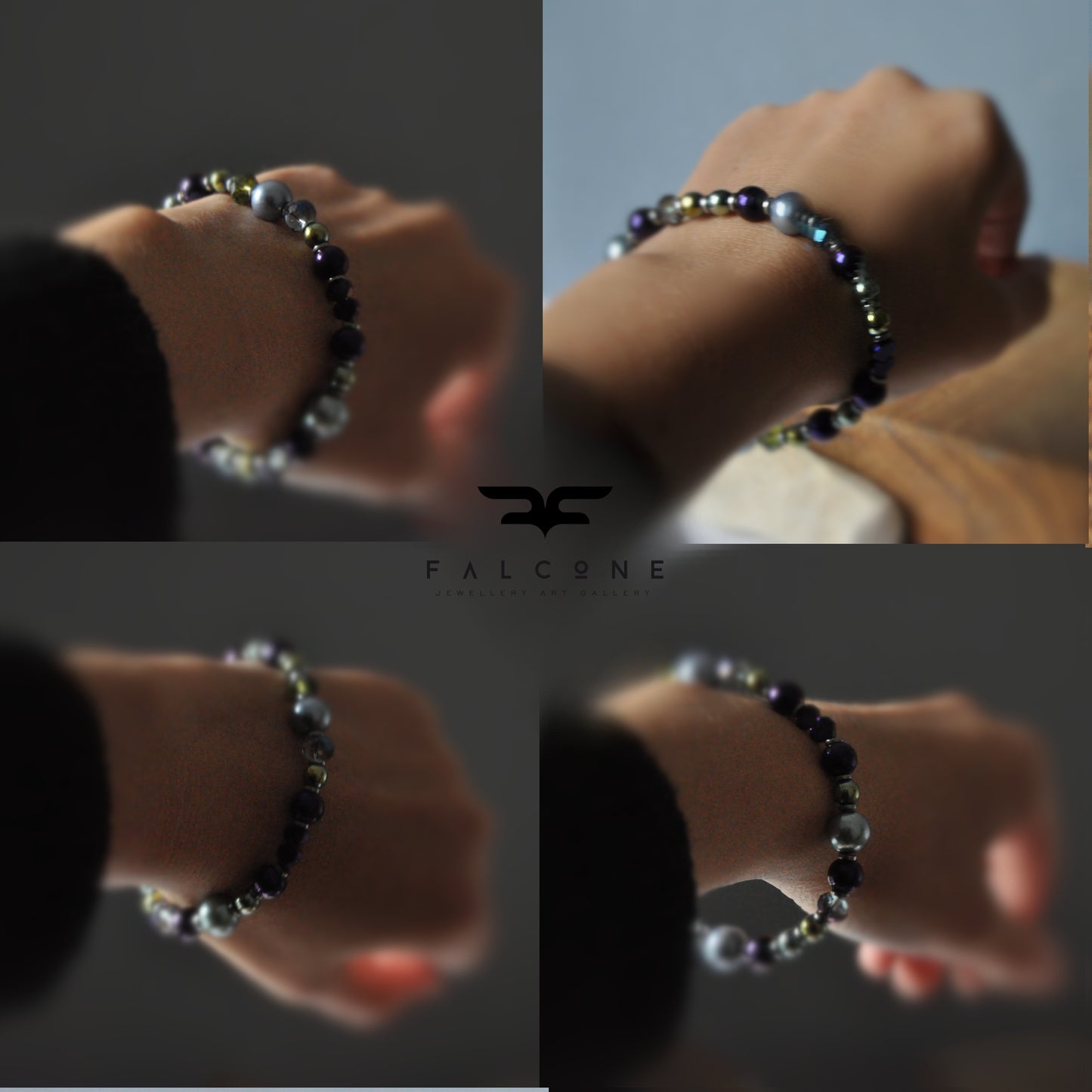 Pulsera con hematites, perlas de cristal y rondelles de cristal 'Corazones de berenjena'