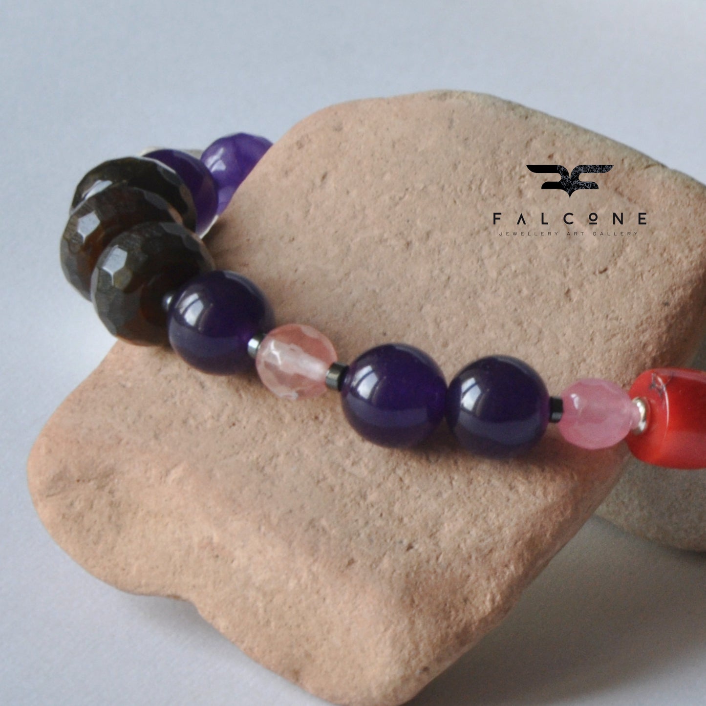 Adjustable bracelet of agates, quartz, opalite and red coral 'Purple and Coral'