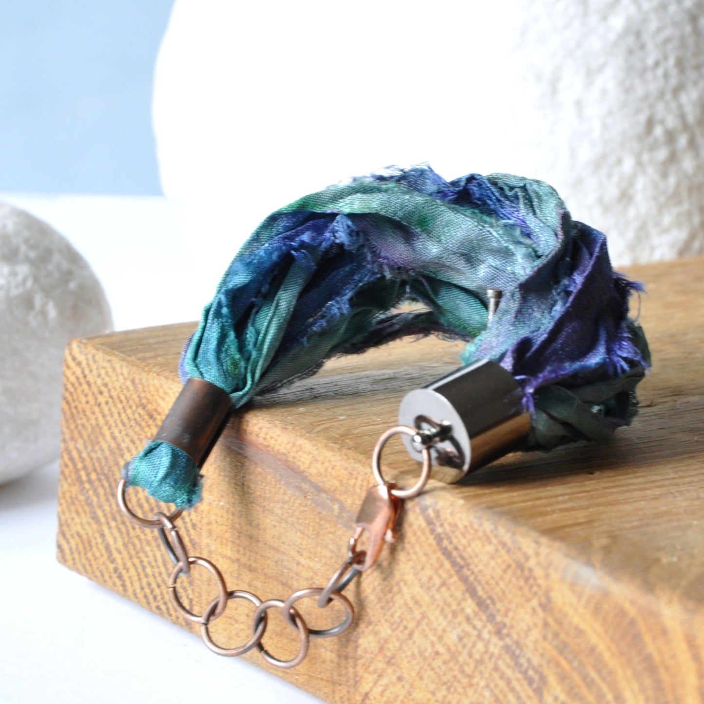 Adjustable handmade bracelet made of silk sari, copper and brass 'Silk River'