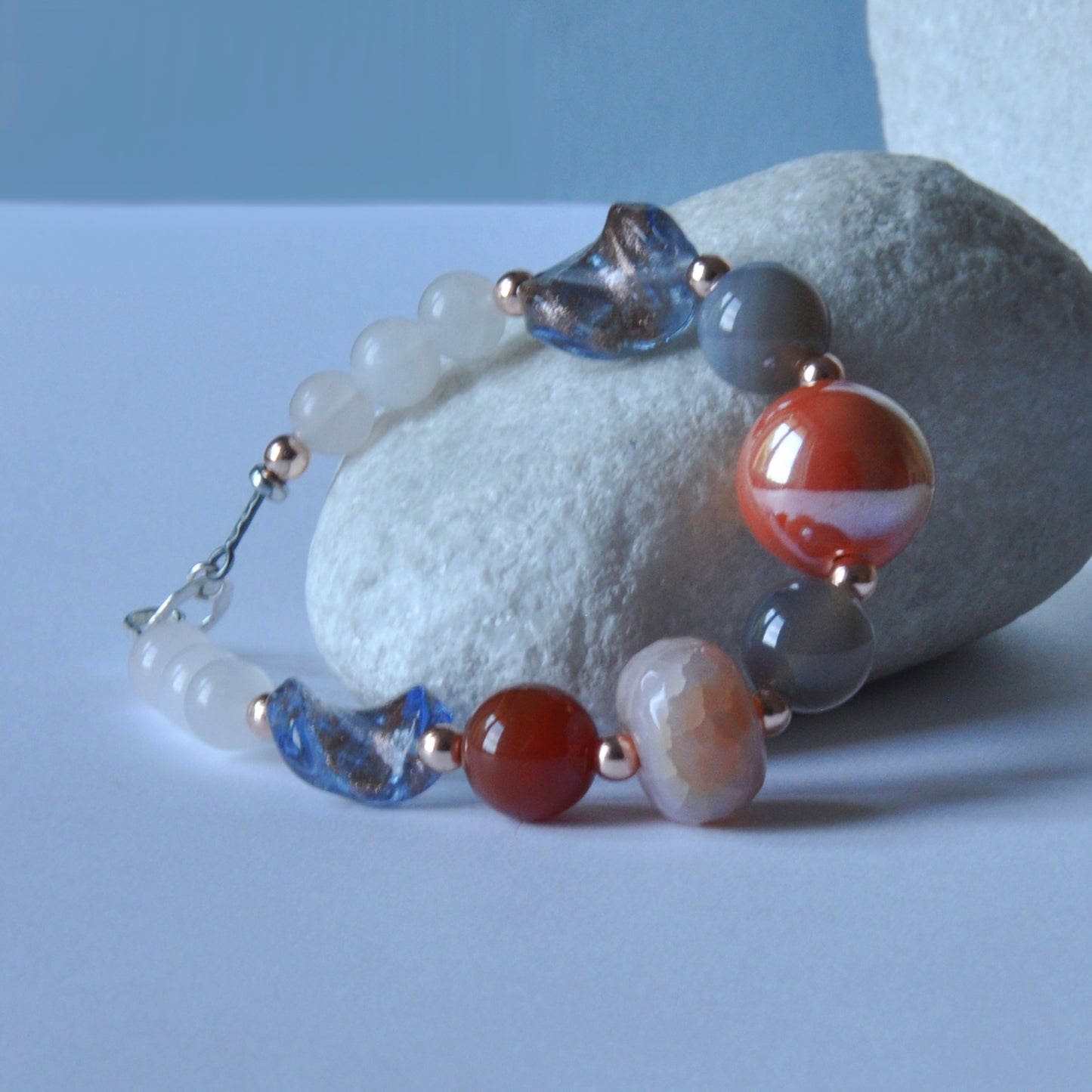 Silver Bracelet with Agate Balls, Quartz, Venetian Glass and Ceramic Ball 'Heavenly Raspberry'