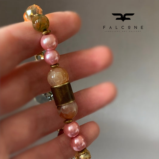 Agate, Jade, Glass Pearl and Brass Bracelet 'Rose Garden'