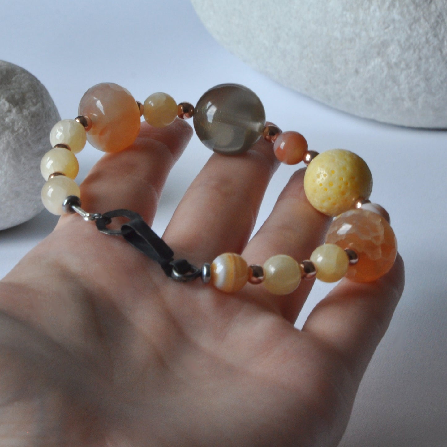 Bracelet with natural stones, coral and semi-transparent resin 'Sands of the Sahara'