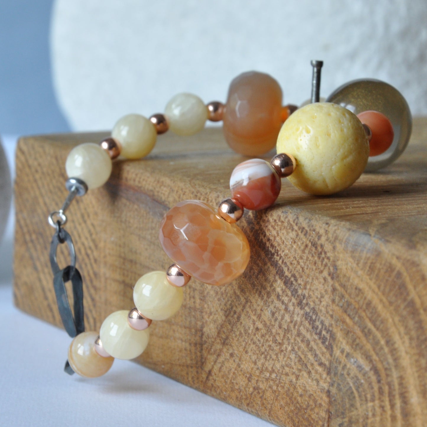 Bracelet with natural stones, coral and semi-transparent resin 'Sands of the Sahara'