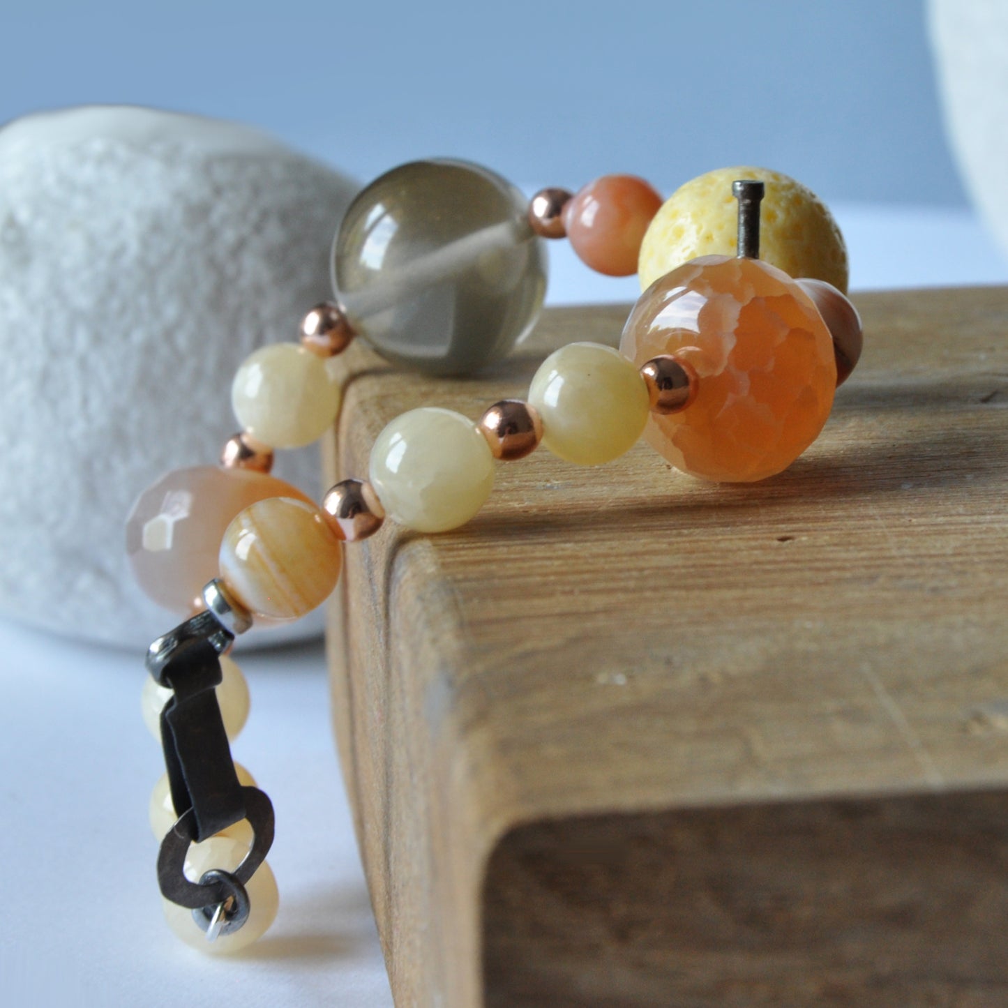 Bracelet with natural stones, coral and semi-transparent resin 'Sands of the Sahara'