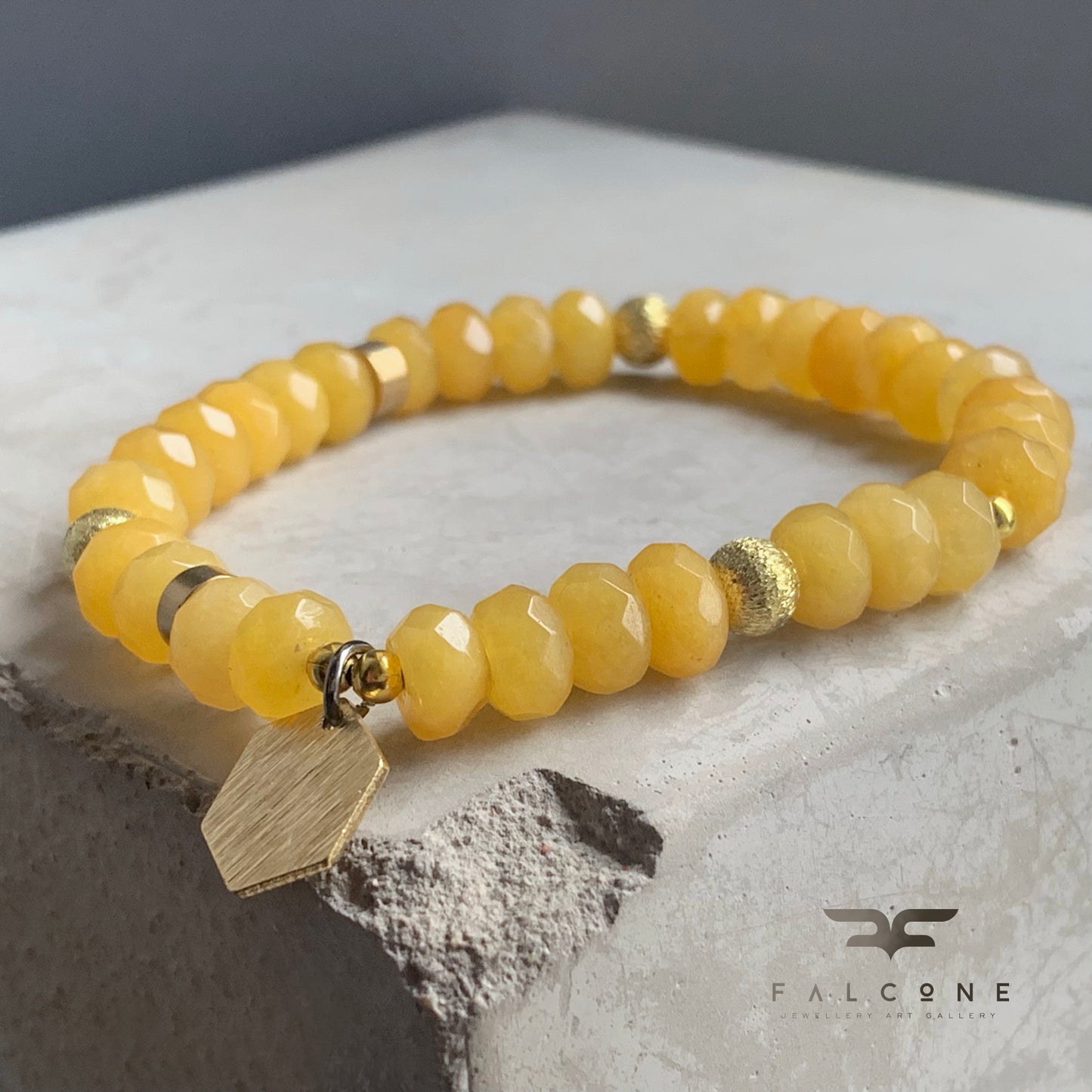 Gemstone Bracelet & Geometric Earrings Set 'Honey – Jadeite, Brass & Silver'