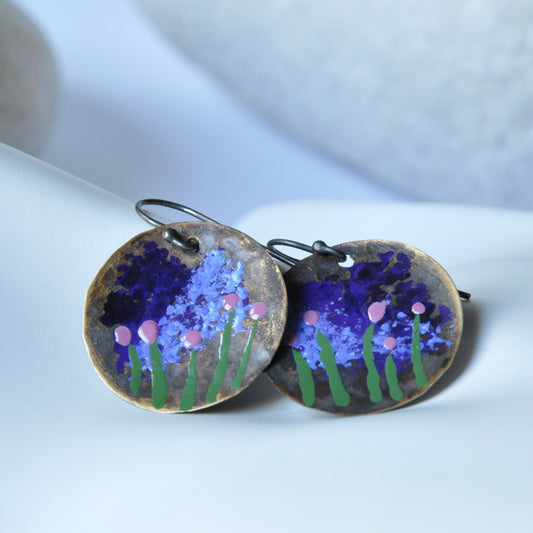 Patinated and enameled brass earrings 'Storm over Arles'