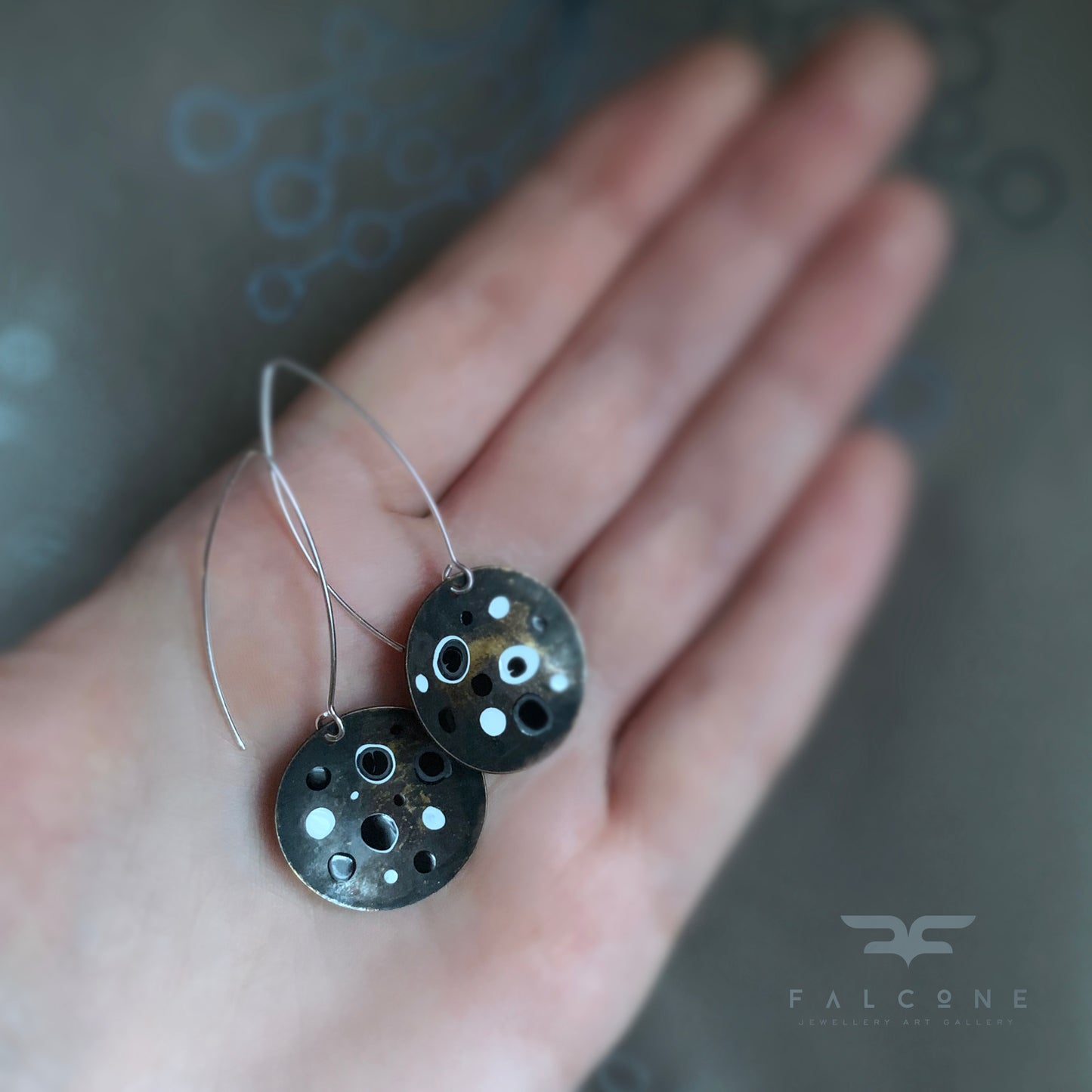 Brass and Sterling Silver Earrings with Enamel 'White & Black – Dotted Circles'