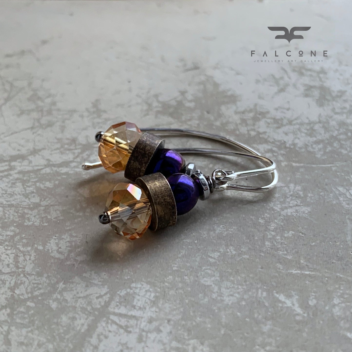 Glass, Brass, Hematite and Sterling Silver Earrings 'Champagne & Aubergine'