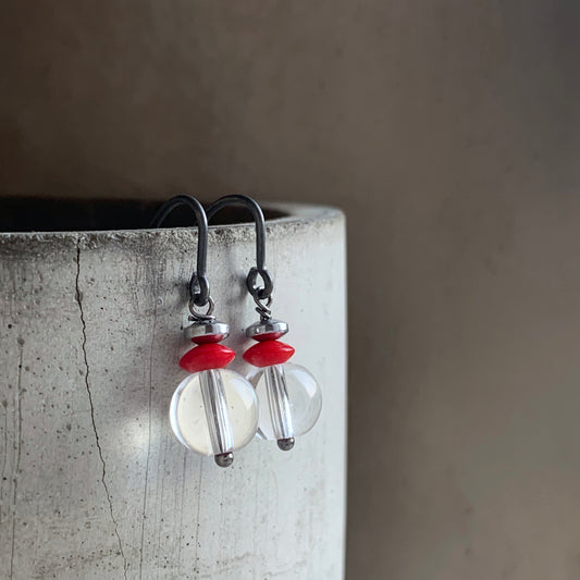 Crystal, Coral and Sterling Silver Earrings 'Crystal & Red Accent'