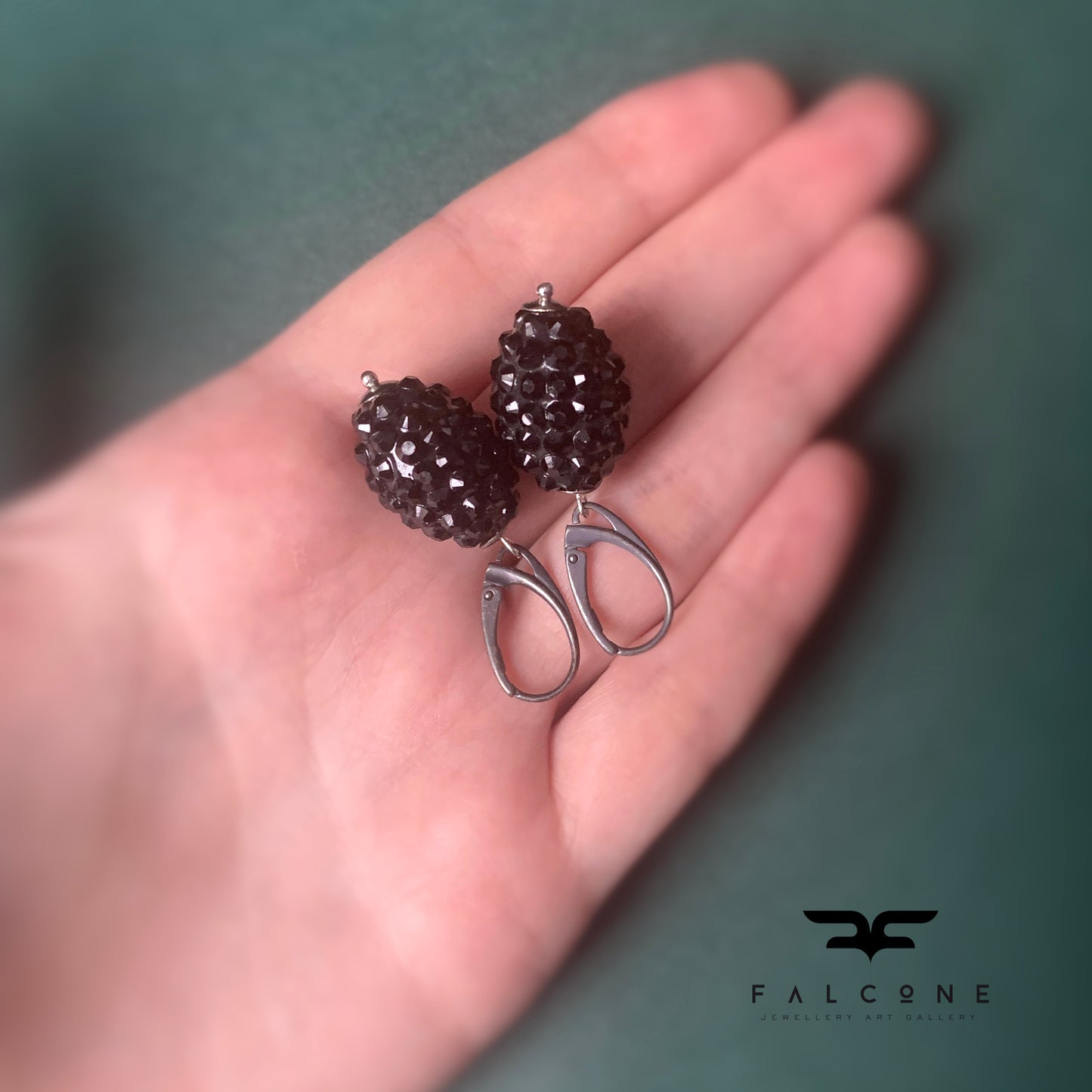 Earrings made of lacquer, decorated with black rhinestones 'Black Blackberries'