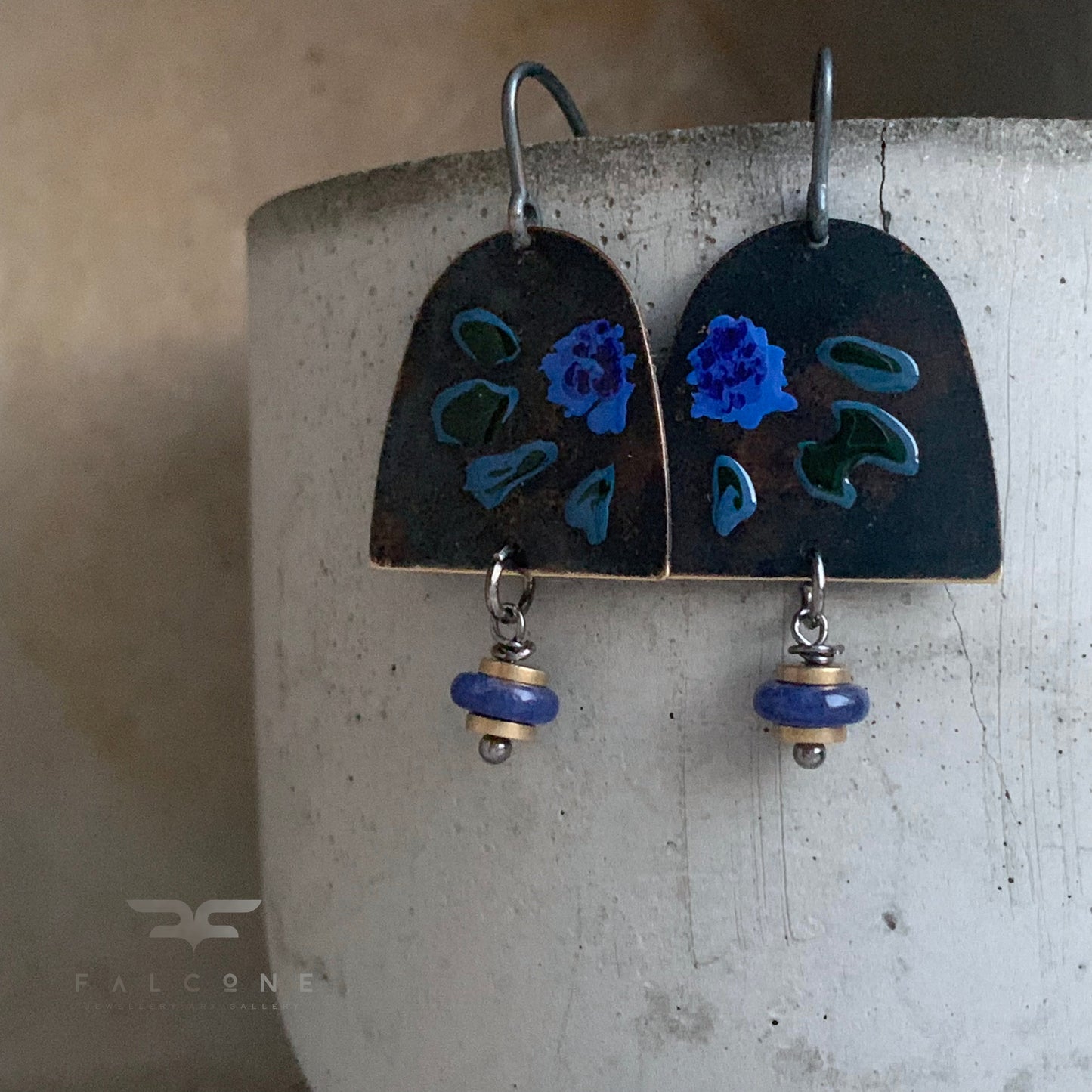 Brass, Sodalite, and Silver Earrings 'Dark Green & Blue Flower'