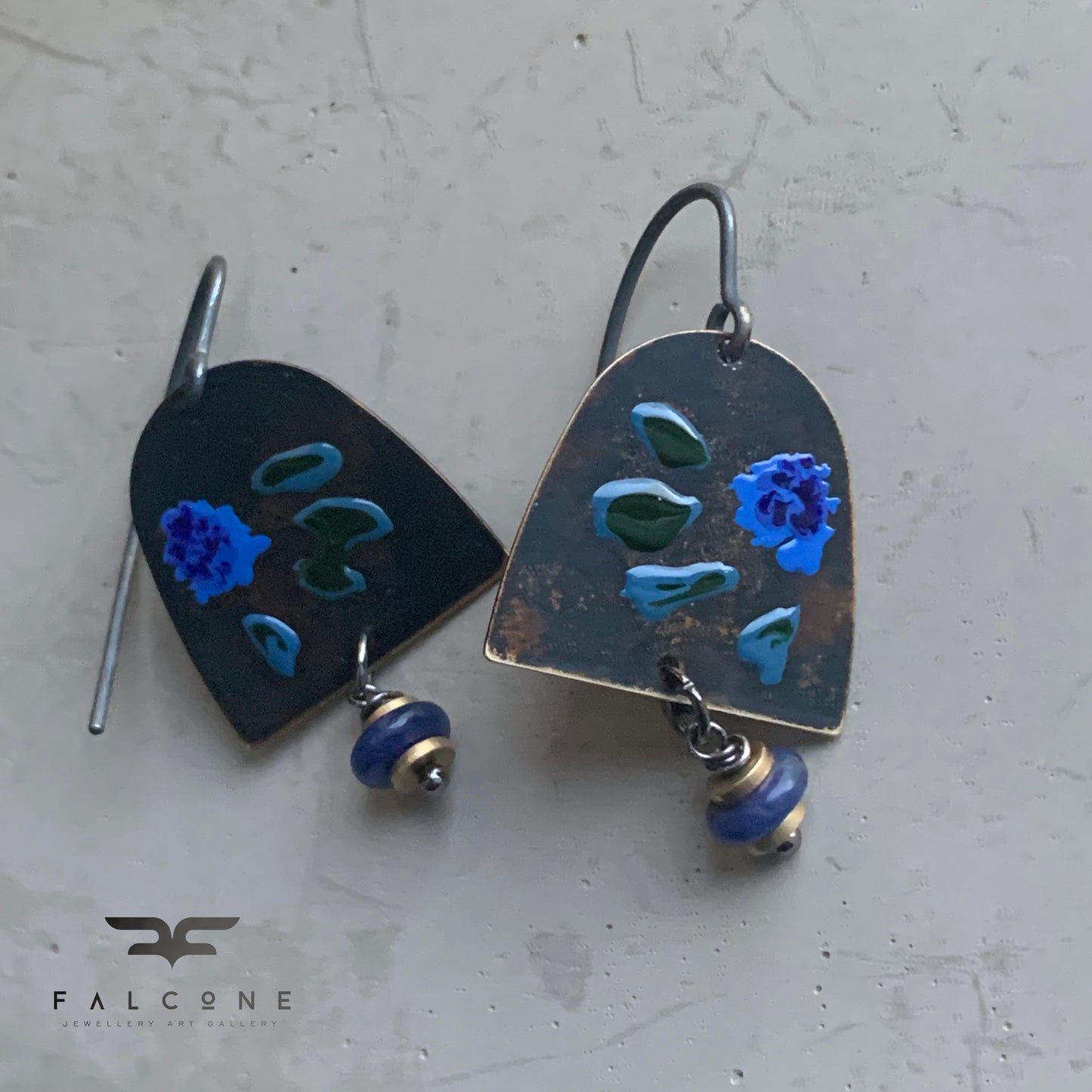 Brass, Sodalite, and Silver Earrings 'Dark Green & Blue Flower'