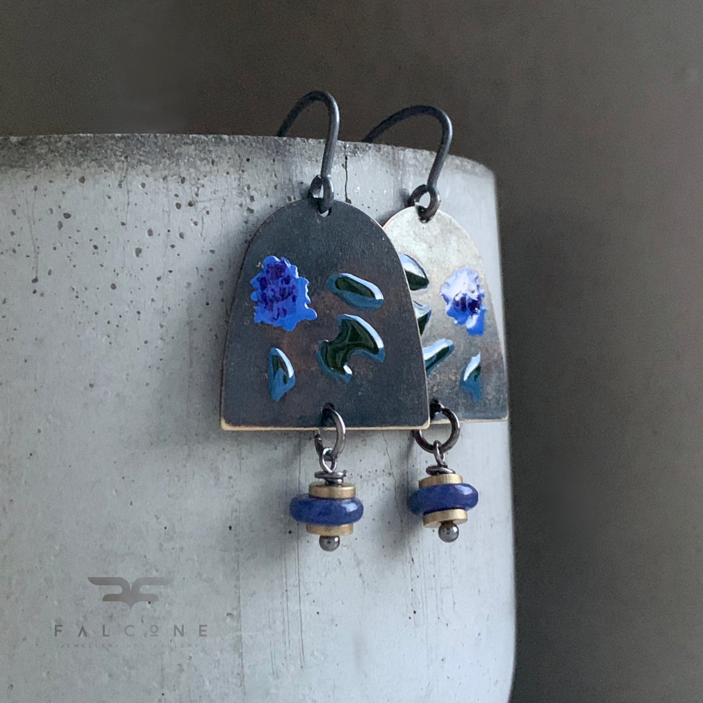Brass, Sodalite, and Silver Earrings 'Dark Green & Blue Flower'