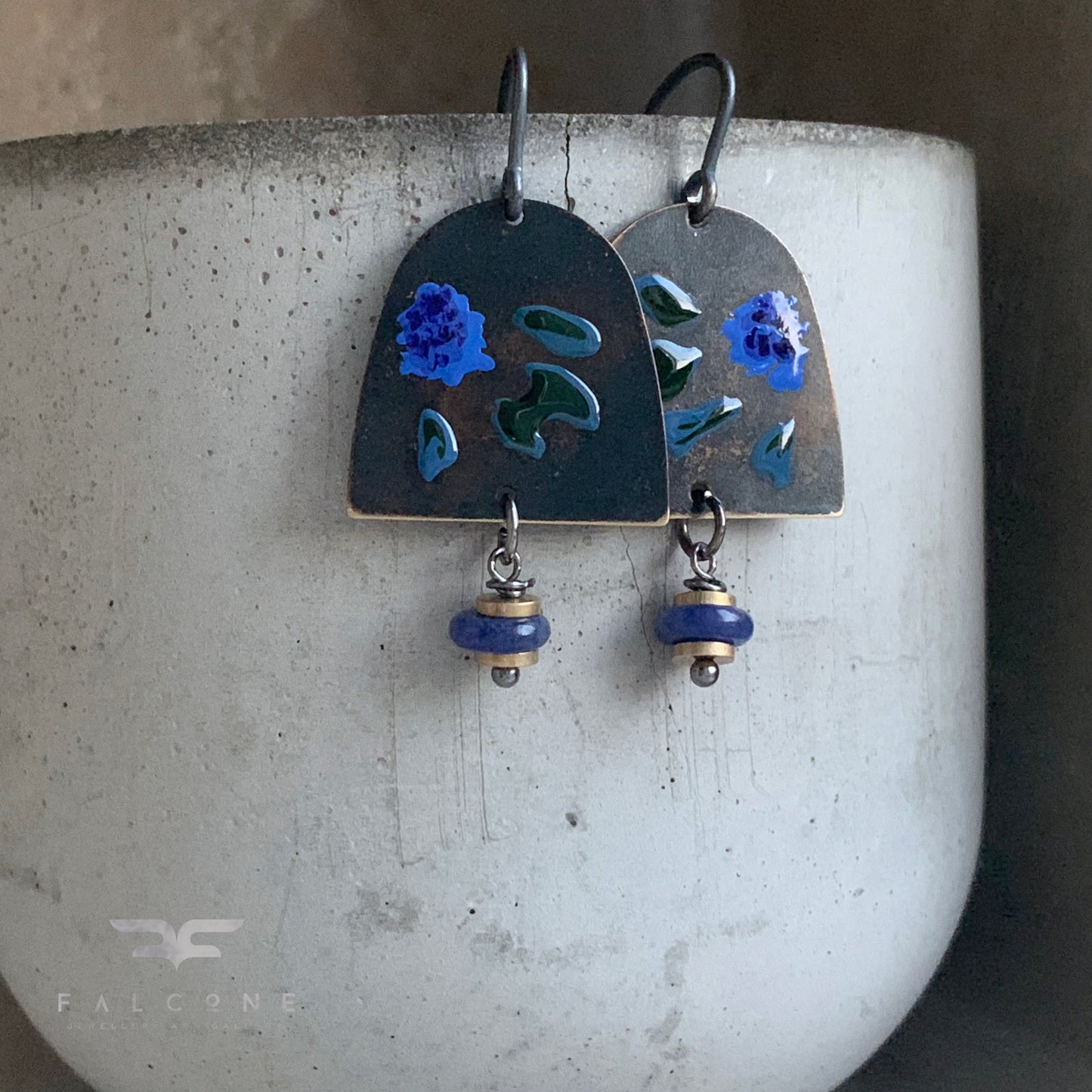 Brass, Sodalite, and Silver Earrings 'Dark Green & Blue Flower'